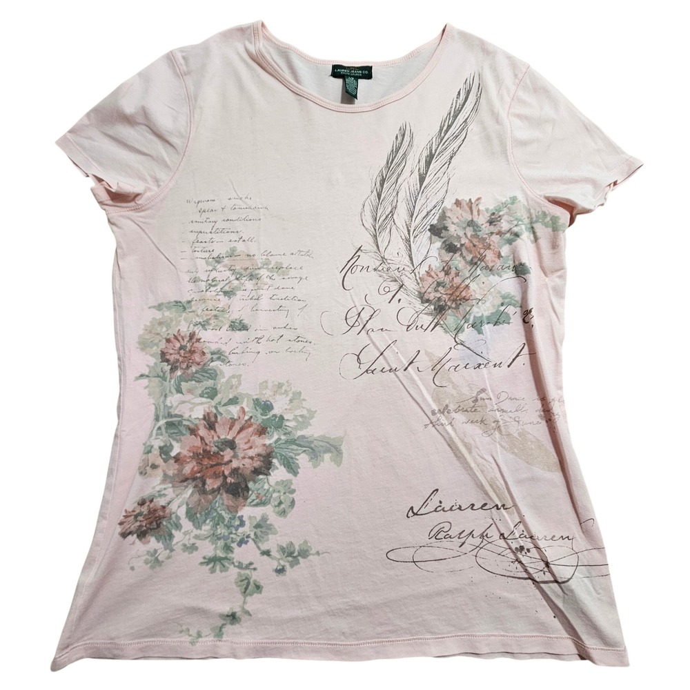 Lauren Ralph Lauren T-Shirt Women L Pink Floral Script Graphic Cotton Tee